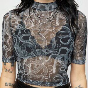 Disturbia Serpente Print Mesh Short Sleeve Crop Top